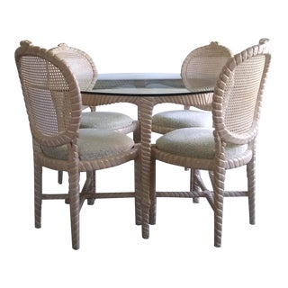 Vintage Italian Regency Twisted Carved Wood Caned Table & Chairs For Sale