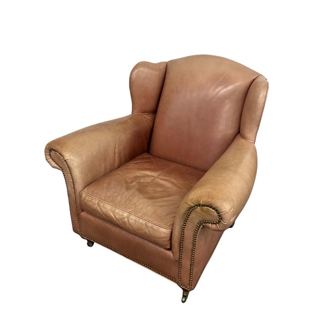 Animal Skin Vintage Baker Milling Road Leather Wingback Chair & Ottoman With Nailheads and Casters For Sale - Image 7 of 12