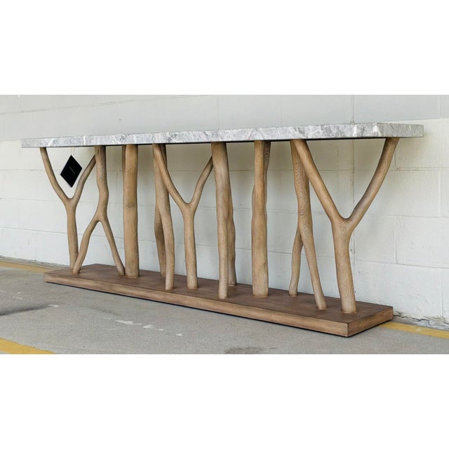 Original retail $4155, stylish Hooker Organic Modern Gray Stone Sculptural Surfrider Console Table, pecan wood branch...