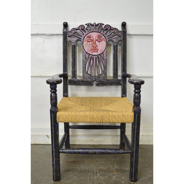 Mexican Sun Gods Carved Rush Seat Arm Chairs A Pair Chairish