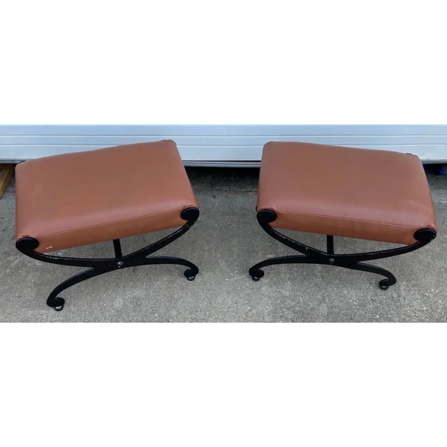 Traditional Pair of Vintage Designer Leather Stools For Sale - Image 3 of 6