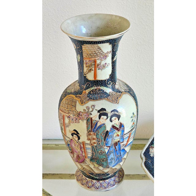 Satsuma Vintage Japanese Royal Satsuma Hand-Painted Vase & Octagonal Plate – Set of 2 For Sale - Image 4 of 18
