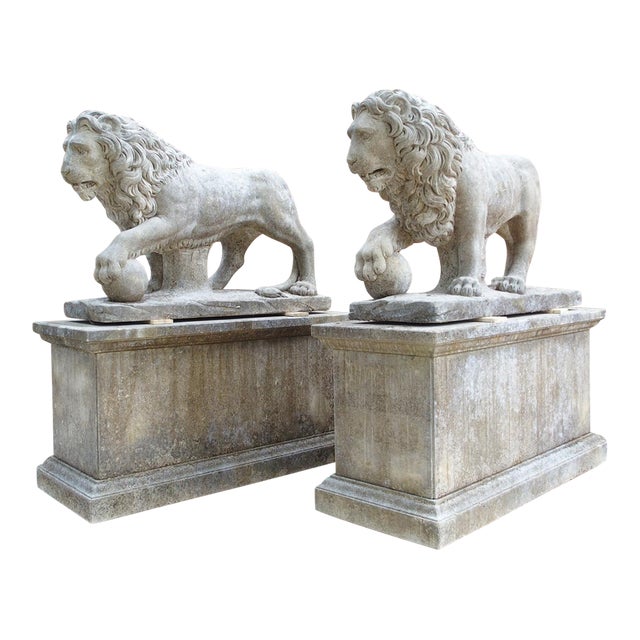 The Lions of Florence, Monumental Pair of Italian Carved Limestone Medici Lions For Sale