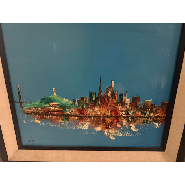 Abstract VTG 1950s Mid Century Abstract City Scape Oil Painting 30x33 Signed For Sale - Image 3 of 8