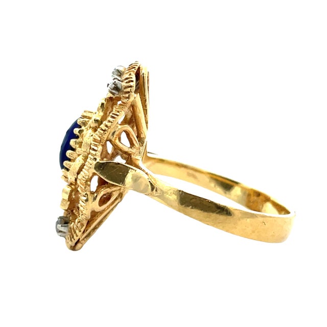 Gold Antique 18k Yellow Gold Blue Enamel and Diamond Ring, Size 5.75 For Sale - Image 8 of 9