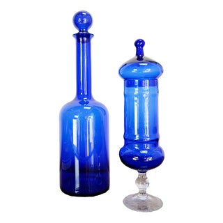 Cobalt Blue Glass Bottles, Set of 2 For Sale