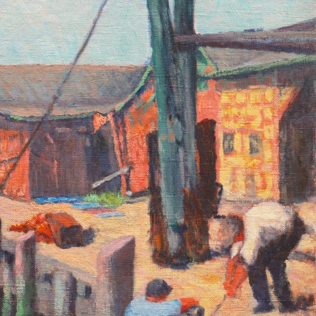 'The Old Wharf', American School Marine Figural, Circa 1925, Nautical Oil, Industrial Harbor For Sale In Monterey, CA - Image 6 of 9