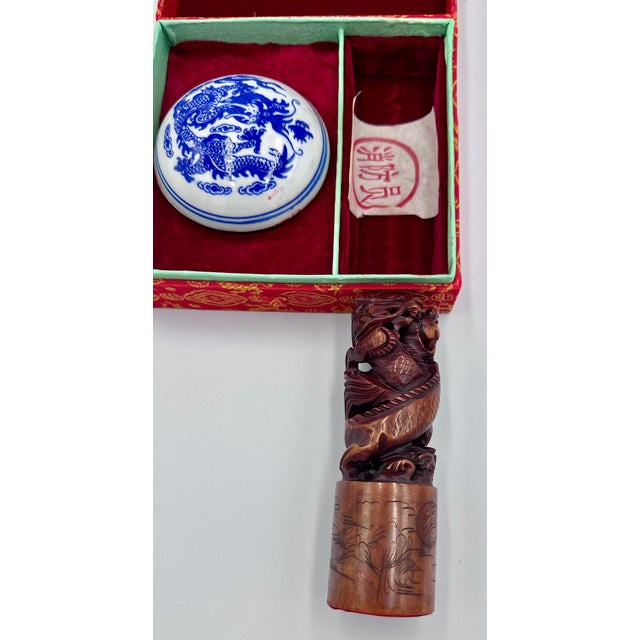 Textile Vintage Chinese Dragon Hand Carved Soapstone Shop Seal & Red Ink Pot Set For Sale - Image 7 of 12