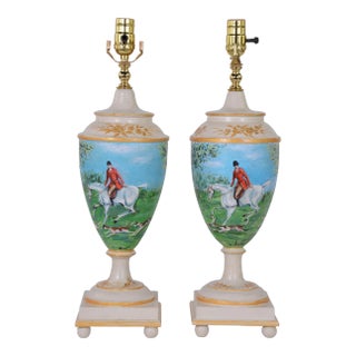Vintage Hand-Painted British Hunting Pattern Table Lamp - a Pair For Sale