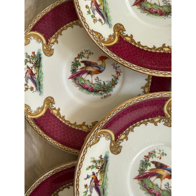 1920s Vintage Myott Chelsea Bird Dessert Plates – 6 7/8 Inch Staffordshire England Plates – Burgundy and Gold English China - Set of Ten (10) For Sale - Image 5 of 9