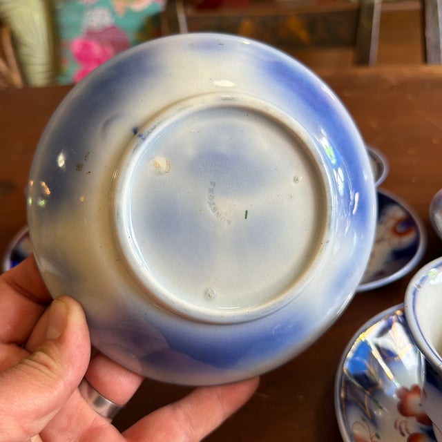 Antique Gaudy Welsh Crescent Pinwheel Flow Blue Cups & Saucers, Set of 5, Circa 1840s For Sale - Image 9 of 12