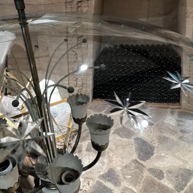 1950s Mid-Century Mod Cut Glass Floral Brass Chandelier Attr Luigi Brusotti Italy For Sale - Image 5 of 13