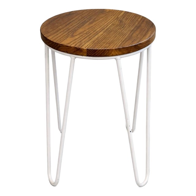 Vintage Elm Bar Stool with White Hairpin Legs For Sale