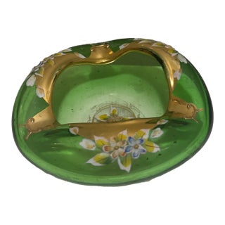 Vintage Bohemian Czech Emerald Green Glass Trinket Dish - Hand-Painted Gold Gilt & Enamel Floral For Sale