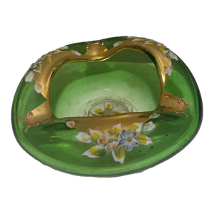 Vintage Bohemian Czech Emerald Green Glass Trinket Dish - Hand-Painted Gold Gilt & Enamel Floral