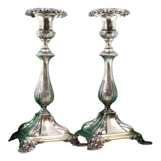 Silver Candlesticks with with Acanthus Leaves Embossed Shaft and Flattened Feet with Reliefs, Set of 2 For Sale