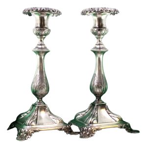 Silver Candlesticks with with Acanthus Leaves Embossed Shaft and Flattened Feet with Reliefs, Set of 2