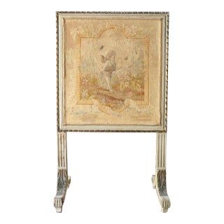 Antique French Needlepoint Firescreen | Louis XVI Style Hand-Painted & Gilt Wood Fireplace Screen | Cherub Tapestry For Sale