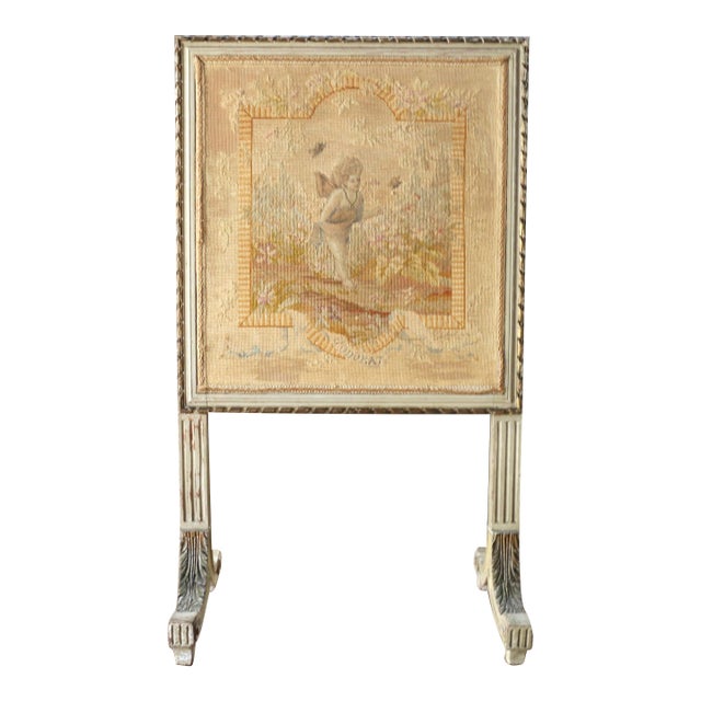 Antique French Needlepoint Firescreen | Louis XVI Style Hand-Painted & Gilt Wood Fireplace Screen | Cherub Tapestry For Sale