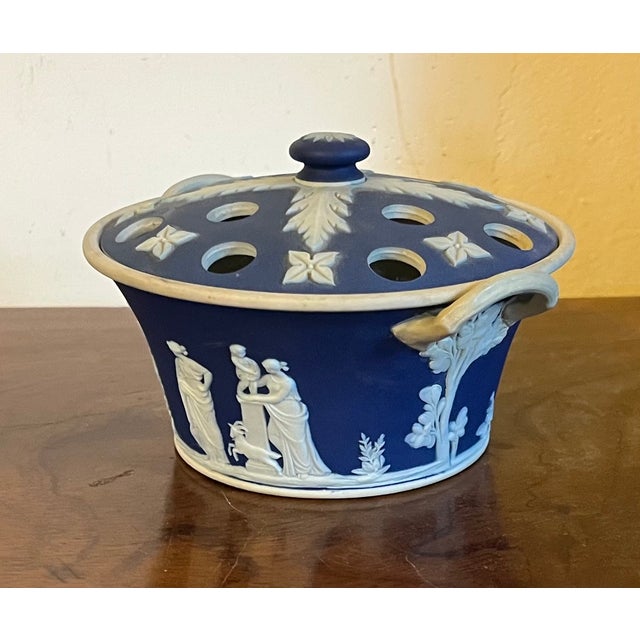 Antique early 20th century Wedgwood dark blue jasperware violet pot, potpourri incense burner. Decorated with neoclassical...