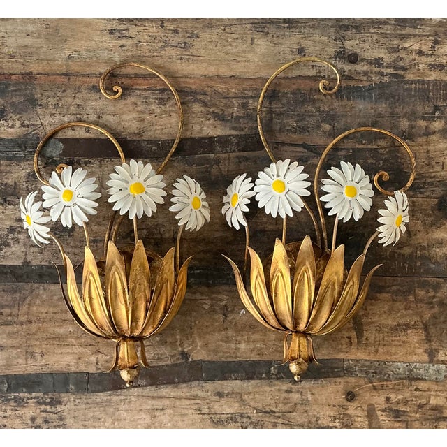 Yellow Vintage Italian Tole Daisy Sconce - A Pair For Sale - Image 8 of 12