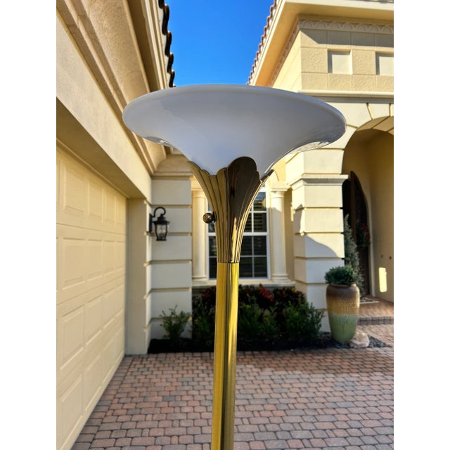 Vintage Stiffel Brass Tulip Torchiere Floor Lamp Original Milk Glass Diffuser For Sale In Naples, FL - Image 6 of 12