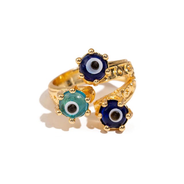 Divine Trio Evil Eye Adjustable Gold Ring, Size 4 For Sale - Image 12 of 12
