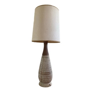 1960s Swedish Modern Atomic Plaster and Walnut Lamp, Original Shade For Sale