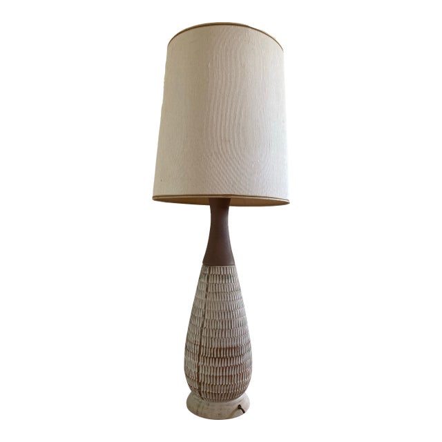1960s Swedish Modern Atomic Plaster and Walnut Lamp, Original Shade For Sale