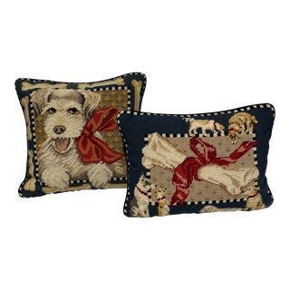 Set of 2 Vintage Needlepoint Dog Pillows For Sale