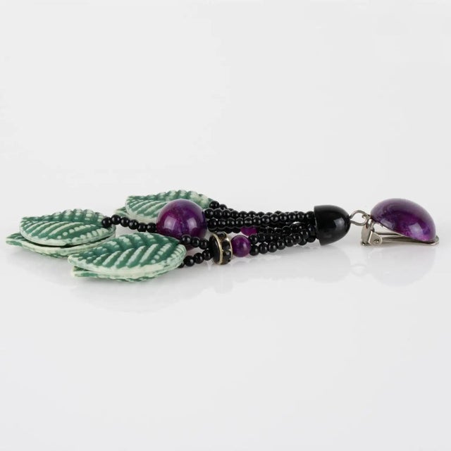 Angela Caputi Dangle Resin Clip Earrings Green and Purple Leaves Design For Sale In Atlanta - Image 6 of 8