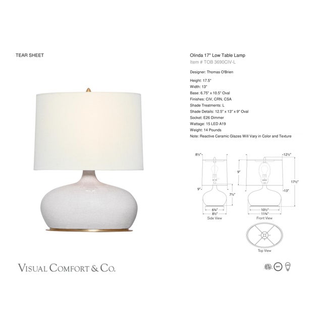 Thomas O'Brien by Visual Comfort Signature Olinda 17" Low Table Lamp in Crackled Ivory with Linen Shade Designer: Thomas...