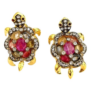 Bochic "Orient" Vintage Ruby & Fancy Sapphire Turtle Earrings 18K Gold & Silver For Sale
