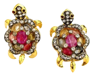 Bochic "Orient" Vintage Ruby & Fancy Sapphire Turtle Earrings 18K Gold & Silver