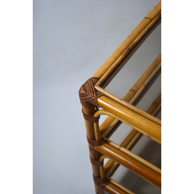 Wood Vintage Bamboo and Smoked Glass Three-Tier Side Table, 1970s For Sale - Image 7 of 11