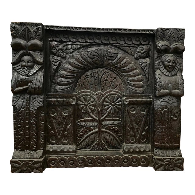 1600s Gothic Hand Carved Oak Wood Cabinet Door Architectural Element For Sale
