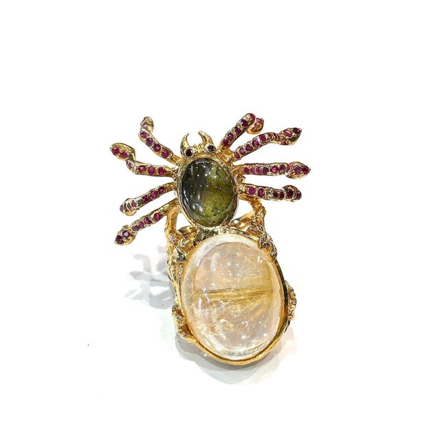 Traditional Bochic “Capri” Ruby, Labradorite & Rutile Quartz Ring Set In 18K Gold & Silver For Sale - Image 3 of 11