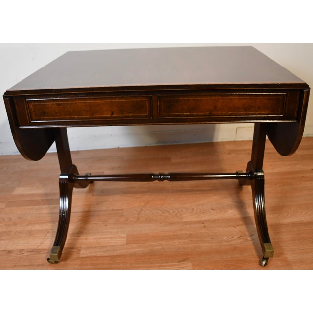 1920s Antique English Regency Mahogany Inlaid Drop-Leaf Table / Sofa Table For Sale - Image 13 of 15