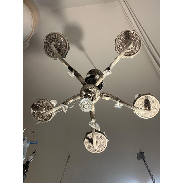 Antique Five-Arm Metal, Black Glass and Crystal Chandelier For Sale - Image 12 of 15