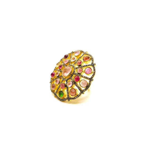Bochic “Orient” Diamond & Multi Color Tourmaline Ring Set In 18K Gold & Silver Natural Multi Color Tourmalines 6.00 Carat...