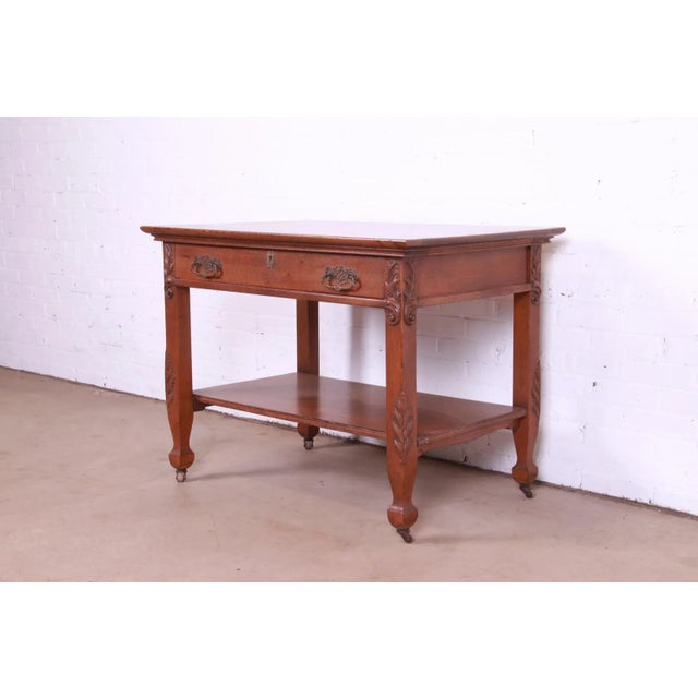 Antique Victorian Carved Oak Writing Desk or Library Table, Circa 1890s For Sale - Image 13 of 13