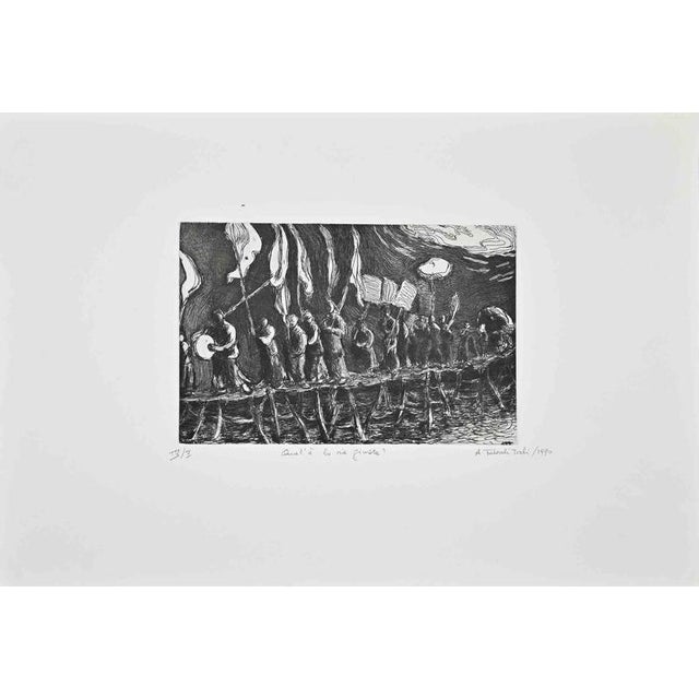Etching on paper. Hand signed, titled (original title: Quale è la Via Giusta?i), and numbered in pencil. Edition of 5, in...