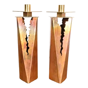 Paul Evans Style Brutalist Hand Wrought Copper Candlesticks, Circa 1970s