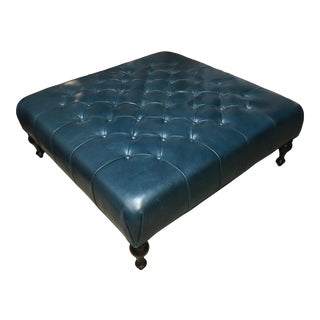 Lee Industries French Blue Leather Ottoman For Sale