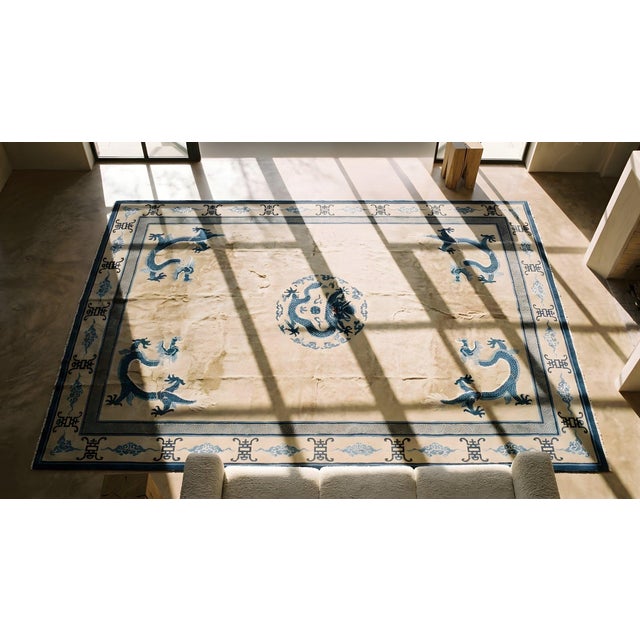 1990s Exceptional Ivory and Blue Color With Dragon Design Antique Chinese Peking Rug For Sale - Image 5 of 7