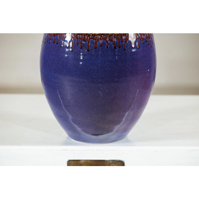 Artisan Purple and Olive Green Glazed Ceramic Ovoid Vase with Drip Detail For Sale - Image 10 of 12