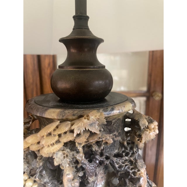 Antique Chinese Elaborately Carved Natural Hard-Stone Table Lamps—A Pair For Sale - Image 17 of 18