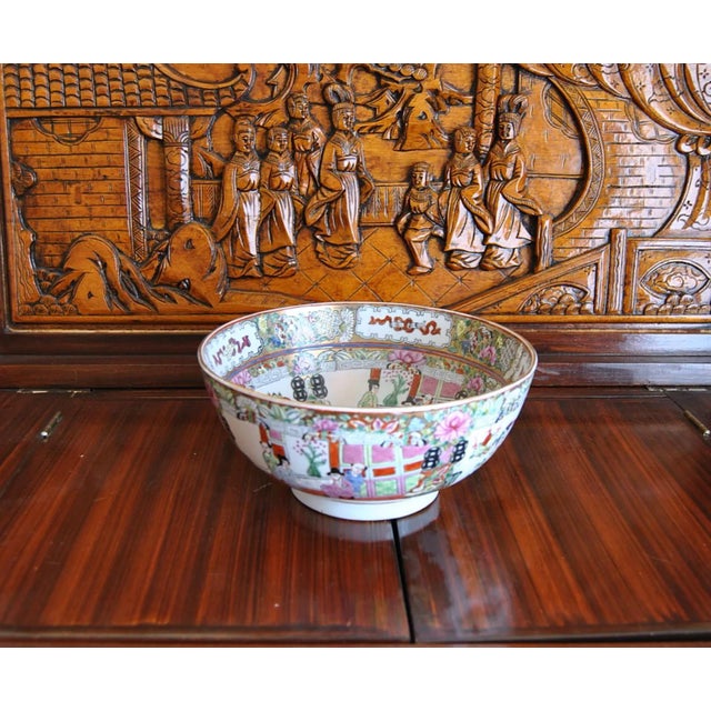 Art Nouveau Late 19th Century Cantonese Famille Rose Punch Bowl With Qianlong Reign Mark For Sale - Image 3 of 9