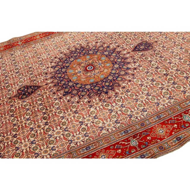 1960s 1960s Persian Mashad Handmade Beige Wool Rug With Rosette Motif For Sale - Image 5 of 9