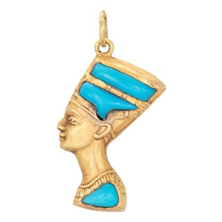 Vintage Nefertiti Reversible Pendant 14k Gold Lapis Lazuli Turquoise Egyptian For Sale